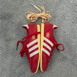 adidas Japan Red Suede Sneakers with White Stripes and Yellow Soles